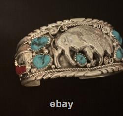 Native American Navajo Sterling Argent Turquoise Coral Buffalo Cuff Bracelet