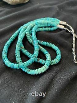 Native American Navajo Sterling Silver 3s 6mm Turquoise Heishi Collier 22 1039