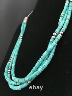 Native American Navajo Sterling Silver 3s 6mm Turquoise Heishi Collier 28 1343