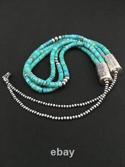 Native American Navajo Sterling Silver 3s 6mm Turquoise Heishi Collier 28 1343