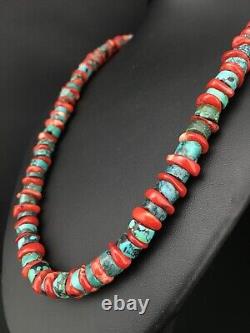 Native American Navajo Sterling Silver Heishi Vert Turquoise Collier De Corail 22