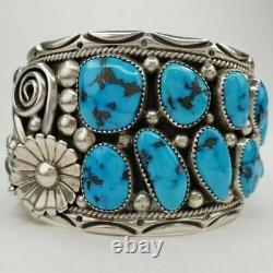Native American Navajo Stover Paul Sterling Argent Turquoise Cuff Bracelet