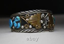 Native American Navajo Turquoise Sterling Silver Eagle Cuff Bracelet Grande Taille