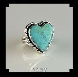 Native American Sterling And Turquoise Heart Shape Taille De La Bague 8 1/4