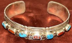 Native American Sterling Argent Navajo Handmade Coral Turquoise Cuff Bracelet