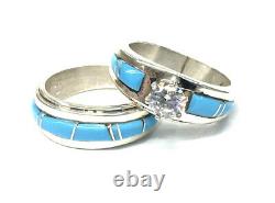 Native American Sterling Silver Navajo Handmade Turquoise Wedding Set Taille 6.75