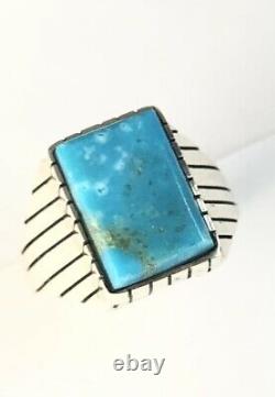 Native American Sterling Silver Navajo Kingman Turquoise Anneau Signé Taille 13