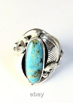 Native American Sterling Silver Navajo Kingman Turquoise Anneau Signé Taille 9 &1/2