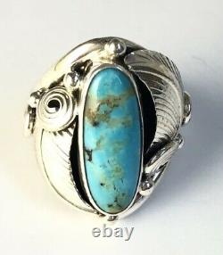 Native American Sterling Silver Navajo Kingman Turquoise Anneau Signé Taille 9 &1/2