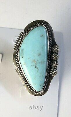 Native American Sterling Silver Navajo Kingman Turquoise Ring. Signé Taille 9