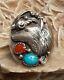 Native American Sterling Silver Red Coral Turquoise Wolf Taille De La Bague 9 Signed H