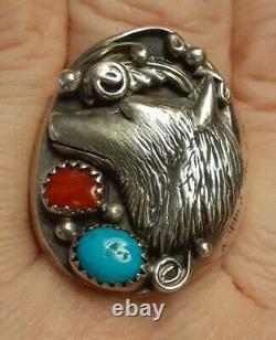 Native American Sterling Silver Red Coral Turquoise Wolf Taille De La Bague 9 Signed H