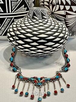 Native American Vintage Sterling Turquoise Collier De Panneau De Corail Avec Dangles