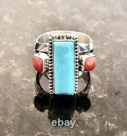 Navajo A Signé Rb Sterling Silver Coral Et Turquoise Ring. Taille 10