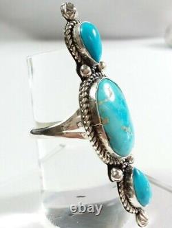 Navajo Fred Francis 925 Sterling Elongated Kingman Turquoise Tize 8.75 Ring 9.1g