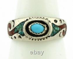 Navajo Handmade Ring 925 Argent Bleu Turquoise Et Corail Amérindien C. 80's