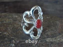 Navajo Indien Cast Argent Sterling Coral Taille De Bague 8 Signé Pena