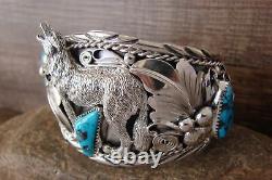 Navajo Indien Turquoise Sterling Silver Wolf Cuff Bracelet Thomas Yazzie