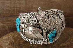 Navajo Indien Turquoise Sterling Silver Wolf Cuff Bracelet Thomas Yazzie