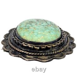 Navajo Native American Green Turquoise Silver Brooch Large Pierre Signé À La Main