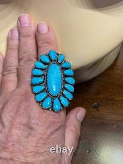 Navajo Native American Turquoise Sterling Silver Anneau À Grappes Signé 9