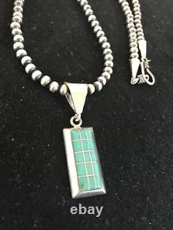 Navajo Perles Argent Sterling Turquoise Collier Collier Pendentif D'incrustation Rm 1212