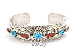 Navajo Turquoise Red Coral Row Sterling Silver Cuff Bracelet Estampé