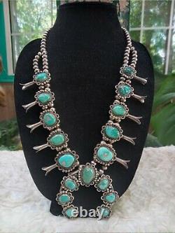 Navajo Vintage Vieux Pawn Sterling Turquoise Squash Blossom Collier- Superbe
