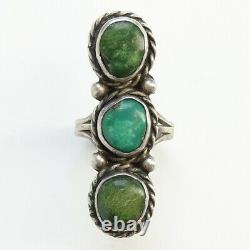 Old Navajo Fred Harvey Era Green Turquoise Triple Pierre Anneau Signé H Taille 8