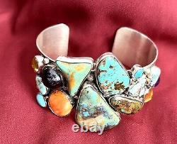 Old Pawn Native American Sterling 925 Turquoise Cuff Multi Stones E. Kee Navajo