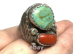 Old Pawn Navajo Native Sterling Silver Turquoise Coral Énorme Mens Ring (sz. 12)