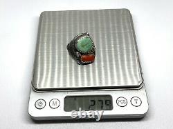 Old Pawn Navajo Native Sterling Silver Turquoise Coral Énorme Mens Ring (sz. 12)