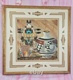 Peinture de sable Navajo amérindienne Kachina Thunder River signée James Cambridge