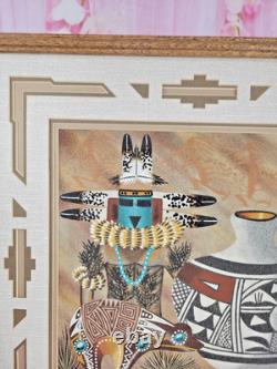 Peinture de sable Navajo amérindienne Kachina Thunder River signée James Cambridge