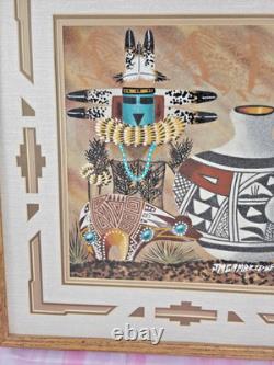 Peinture de sable Navajo amérindienne Kachina Thunder River signée James Cambridge