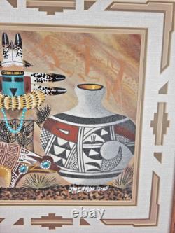 Peinture sur sable navajo amérindienne Rivière Tonnerre Kachina signée James Cambridge