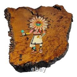 Peinture vintage amérindienne navajo du danseur Kachina du soleil Tawa sur une planche de bois signée.