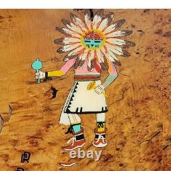 Peinture vintage amérindienne navajo du danseur Kachina du soleil Tawa sur une planche de bois signée.