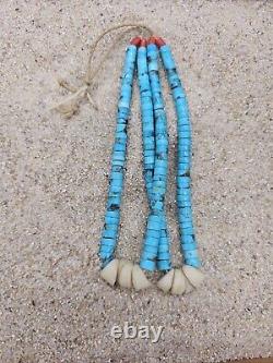 Pendentif Jacla Navajo amérindien à double rangée de coquillage de turquoise et de corail