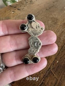 Pendentif/broche Mickey Mouse en argent sterling onyx, petit ensemble pointillé navajo amérindien