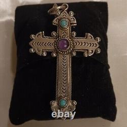 Pendentif croix vintage en turquoise et améthyste collier religieux amérindien