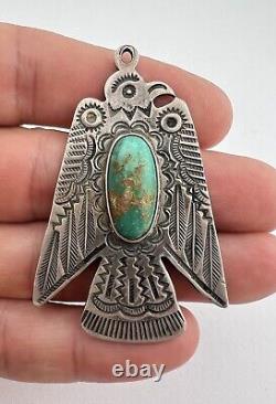 Pendentif en argent sterling Navajo Fred Harvey avec Turquoise Royston Thunderbird 2.25