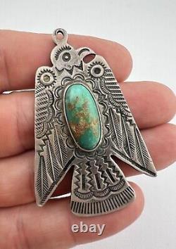 Pendentif en argent sterling Navajo Fred Harvey avec Turquoise Royston Thunderbird 2.25