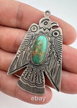 Pendentif en argent sterling Navajo Fred Harvey avec Turquoise Royston Thunderbird 2.25