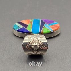 Pendentif en argent sterling Navajo Yazzie en inlay multi-pierres estampillé des Amérindiens