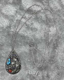 Pendentif goutte large en argent turquoise corail navajo amérindien avec collier