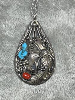 Pendentif goutte large en argent turquoise corail navajo amérindien avec collier