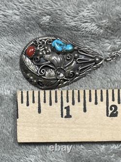 Pendentif goutte large en argent turquoise corail navajo amérindien avec collier