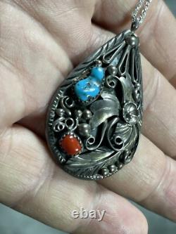 Pendentif goutte large en argent turquoise corail navajo amérindien avec collier