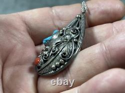 Pendentif goutte large en argent turquoise corail navajo amérindien avec collier